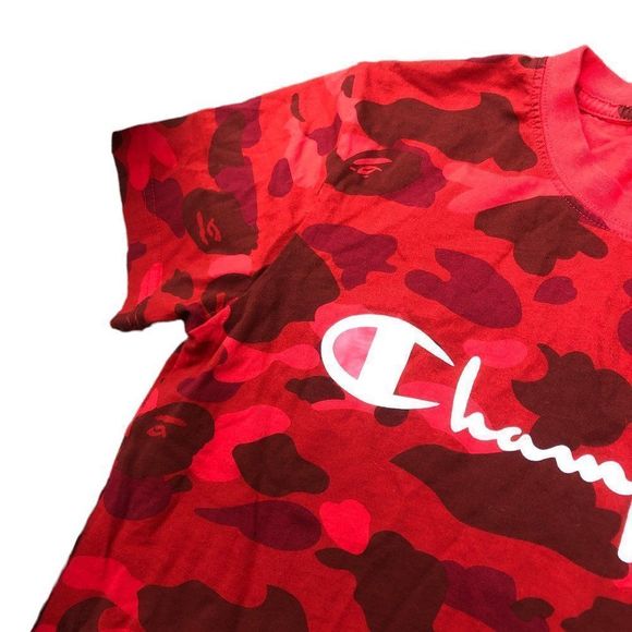 A Bathing Ape Bape X Champion T Shirt Red Camo Small - Picture 10 of 16